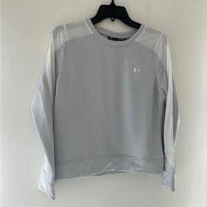 Grey Under Amour shirt with white jersey material on shoulders and sleeves